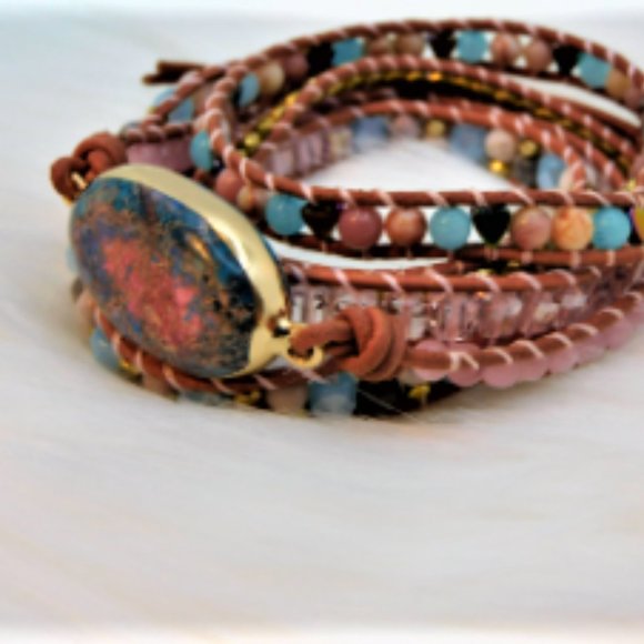 Unique Handmade Wrap Bracelet with , JasperTurquoise & Amazonite Natural Stones - Picture 5 of 10